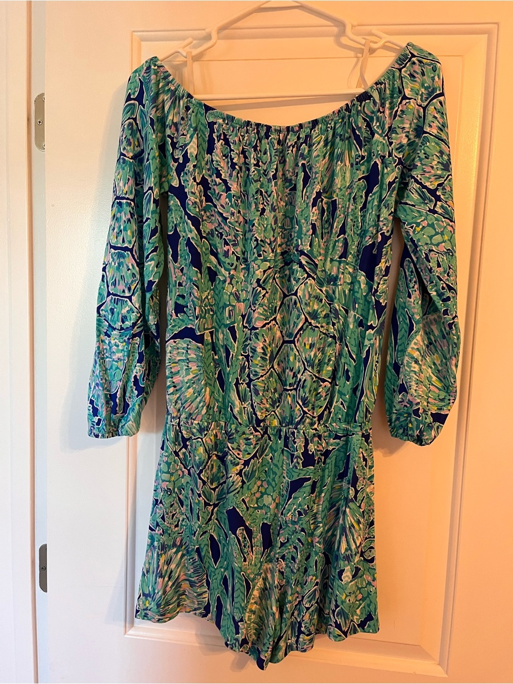 Lilly Pulitzer Green & Navy Off-Shoulder Turtle Romper